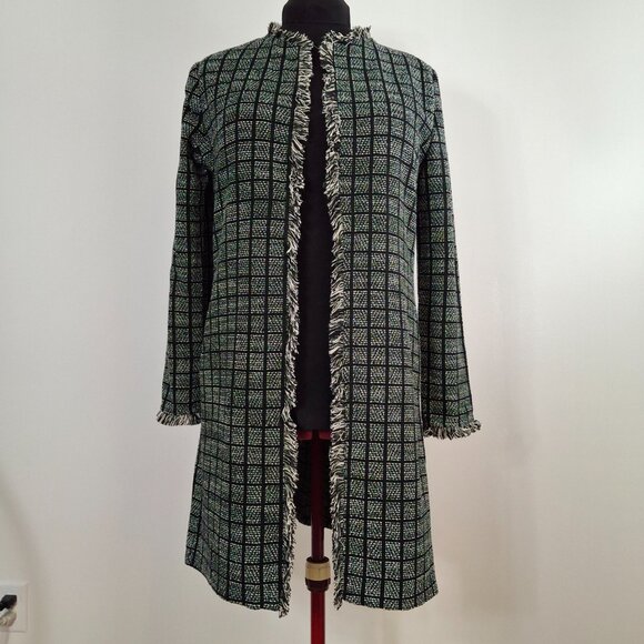 Womans Zara Basic Black & Beige Checker Long Open Cardigan Duster With Fringe - Picture 3 of 14